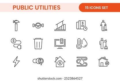 Coleção de ícones assinados lineares de serviços públicos. Coleção de ícones de linha fina assinados. Conjunto de ícones de estrutura de tópicos simples de serviços públicos.