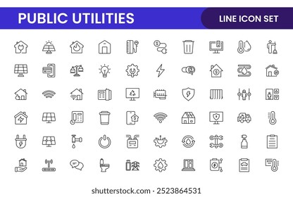 Coleção de ícones assinados lineares de serviços públicos. Coleção de ícones de linha fina assinados. Conjunto de ícones de estrutura de tópicos simples de serviços públicos.