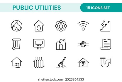 Coleção de ícones assinados lineares de serviços públicos. Coleção de ícones de linha fina assinados. Conjunto de ícones de estrutura de tópicos simples de serviços públicos.