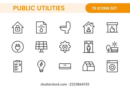 Coleção de ícones assinados lineares de serviços públicos. Coleção de ícones de linha fina assinados. Conjunto de ícones de estrutura de tópicos simples de serviços públicos.