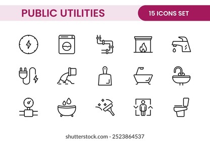 Coleção de ícones assinados lineares de serviços públicos. Coleção de ícones de linha fina assinados. Conjunto de ícones de estrutura de tópicos simples de serviços públicos.