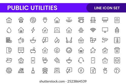 Coleção de ícones assinados lineares de serviços públicos. Coleção de ícones de linha fina assinados. Conjunto de ícones de estrutura de tópicos simples de serviços públicos.