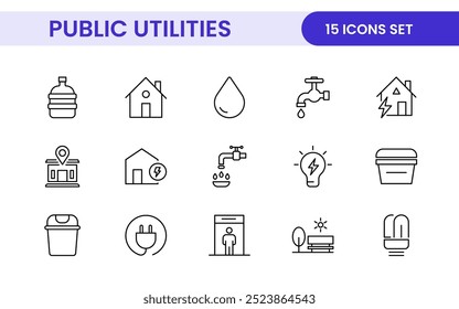 Public utilities linear signed icon collection. Signed thin line icons collection. Set of public utilities simple outline icons.