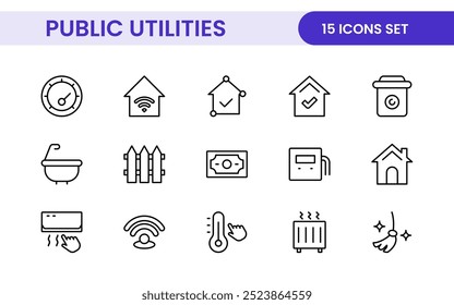 Coleção de ícones assinados lineares de serviços públicos. Coleção de ícones de linha fina assinados. Conjunto de ícones de estrutura de tópicos simples de serviços públicos.
