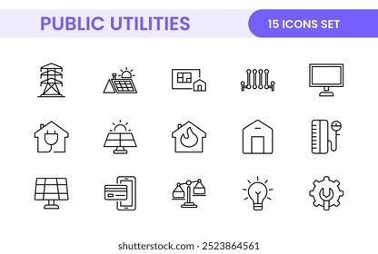 Coleção de ícones assinados lineares de serviços públicos. Coleção de ícones de linha fina assinados. Conjunto de ícones de estrutura de tópicos simples de serviços públicos.
