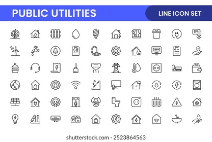 Coleção de ícones assinados lineares de serviços públicos. Coleção de ícones de linha fina assinados. Conjunto de ícones de estrutura de tópicos simples de serviços públicos.