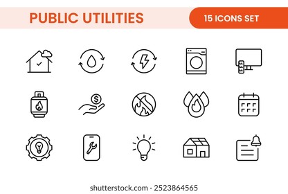 Coleção de ícones assinados lineares de serviços públicos. Coleção de ícones de linha fina assinados. Conjunto de ícones de estrutura de tópicos simples de serviços públicos.