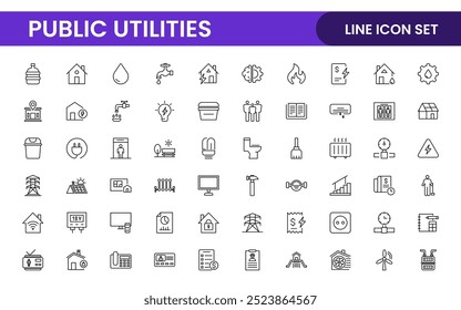 Coleção de ícones assinados lineares de serviços públicos. Coleção de ícones de linha fina assinados. Conjunto de ícones de estrutura de tópicos simples de serviços públicos.