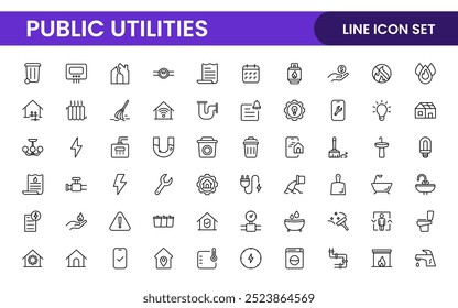 Coleção de ícones assinados lineares de serviços públicos. Coleção de ícones de linha fina assinados. Conjunto de ícones de estrutura de tópicos simples de serviços públicos.
