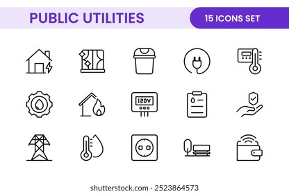 Coleção de ícones assinados lineares de serviços públicos. Coleção de ícones de linha fina assinados. Conjunto de ícones de estrutura de tópicos simples de serviços públicos.