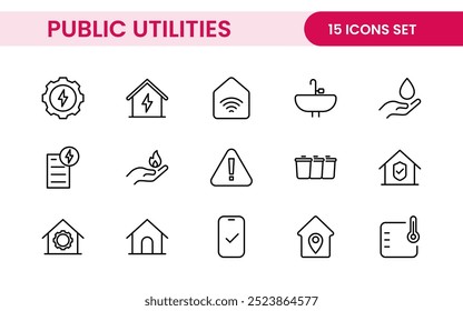 Coleção de ícones assinados lineares de serviços públicos. Coleção de ícones de linha fina assinados. Conjunto de ícones de estrutura de tópicos simples de serviços públicos.