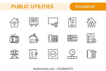 Coleção de ícones assinados lineares de serviços públicos. Coleção de ícones de linha fina assinados. Conjunto de ícones de estrutura de tópicos simples de serviços públicos.