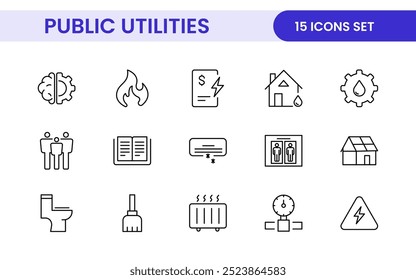 Coleção de ícones assinados lineares de serviços públicos. Coleção de ícones de linha fina assinados. Conjunto de ícones de estrutura de tópicos simples de serviços públicos.