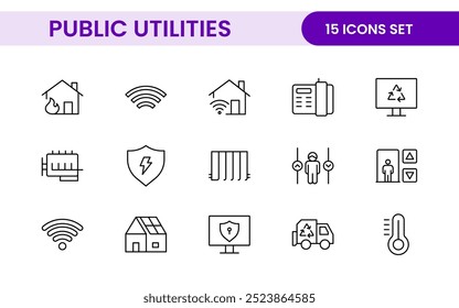 Coleção de ícones assinados lineares de serviços públicos. Coleção de ícones de linha fina assinados. Conjunto de ícones de estrutura de tópicos simples de serviços públicos.