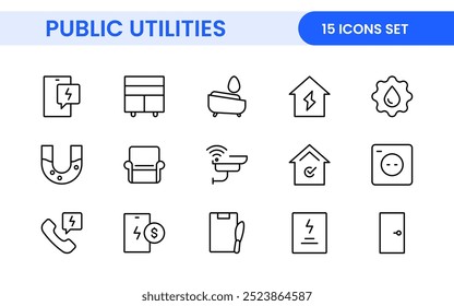 Coleção de ícones assinados lineares de serviços públicos. Coleção de ícones de linha fina assinados. Conjunto de ícones de estrutura de tópicos simples de serviços públicos.