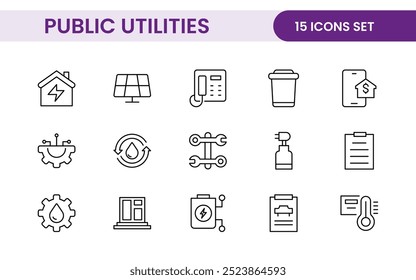 Coleção de ícones assinados lineares de serviços públicos. Coleção de ícones de linha fina assinados. Conjunto de ícones de estrutura de tópicos simples de serviços públicos.