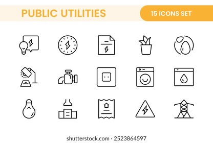 Coleção de ícones assinados lineares de serviços públicos. Coleção de ícones de linha fina assinados. Conjunto de ícones de estrutura de tópicos simples de serviços públicos.