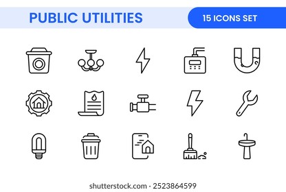 Coleção de ícones assinados lineares de serviços públicos. Coleção de ícones de linha fina assinados. Conjunto de ícones de estrutura de tópicos simples de serviços públicos.
