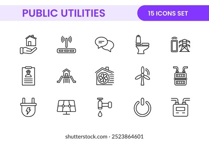 Coleção de ícones assinados lineares de serviços públicos. Coleção de ícones de linha fina assinados. Conjunto de ícones de estrutura de tópicos simples de serviços públicos.
