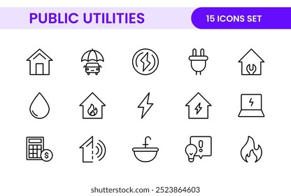 Coleção de ícones assinados lineares de serviços públicos. Coleção de ícones de linha fina assinados. Conjunto de ícones de estrutura de tópicos simples de serviços públicos.