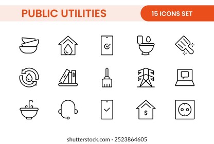 Coleção de ícones assinados lineares de serviços públicos. Coleção de ícones de linha fina assinados. Conjunto de ícones de estrutura de tópicos simples de serviços públicos.