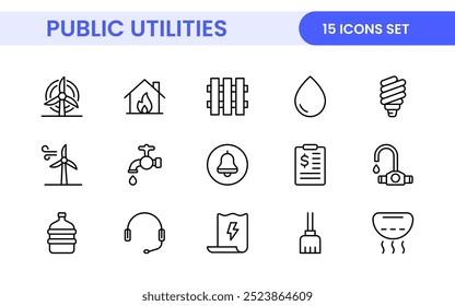 Coleção de ícones assinados lineares de serviços públicos. Coleção de ícones de linha fina assinados. Conjunto de ícones de estrutura de tópicos simples de serviços públicos.