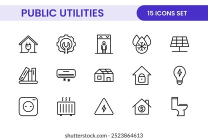 Coleção de ícones assinados lineares de serviços públicos. Coleção de ícones de linha fina assinados. Conjunto de ícones de estrutura de tópicos simples de serviços públicos.