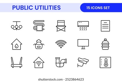 Coleção de ícones assinados lineares de serviços públicos. Coleção de ícones de linha fina assinados. Conjunto de ícones de estrutura de tópicos simples de serviços públicos.