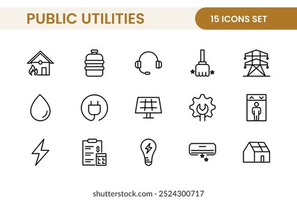 Coleção de ícones assinados lineares de serviços públicos. Coleção de ícones de linha fina assinados. Conjunto de ícones de estrutura de tópicos simples de serviços públicos.