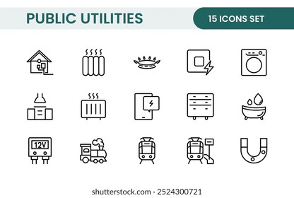 Coleção de ícones assinados lineares de serviços públicos. Coleção de ícones de linha fina assinados. Conjunto de ícones de estrutura de tópicos simples de serviços públicos.