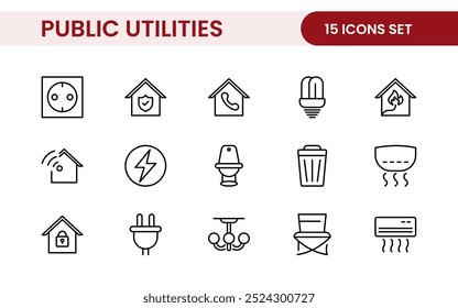 Coleção de ícones assinados lineares de serviços públicos. Coleção de ícones de linha fina assinados. Conjunto de ícones de estrutura de tópicos simples de serviços públicos.