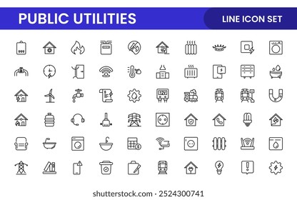 Coleção de ícones assinados lineares de serviços públicos. Coleção de ícones de linha fina assinados. Conjunto de ícones de estrutura de tópicos simples de serviços públicos.