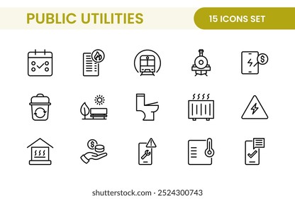 Coleção de ícones assinados lineares de serviços públicos. Coleção de ícones de linha fina assinados. Conjunto de ícones de estrutura de tópicos simples de serviços públicos.