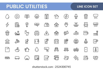 Coleção de ícones assinados lineares de serviços públicos. Coleção de ícones de linha fina assinados. Conjunto de ícones de estrutura de tópicos simples de serviços públicos.