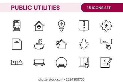 Coleção de ícones assinados lineares de serviços públicos. Coleção de ícones de linha fina assinados. Conjunto de ícones de estrutura de tópicos simples de serviços públicos.