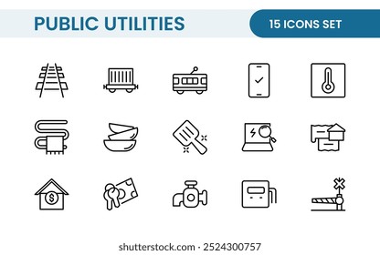 Coleção de ícones assinados lineares de serviços públicos. Coleção de ícones de linha fina assinados. Conjunto de ícones de estrutura de tópicos simples de serviços públicos.