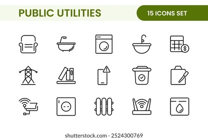 Coleção de ícones assinados lineares de serviços públicos. Coleção de ícones de linha fina assinados. Conjunto de ícones de estrutura de tópicos simples de serviços públicos.