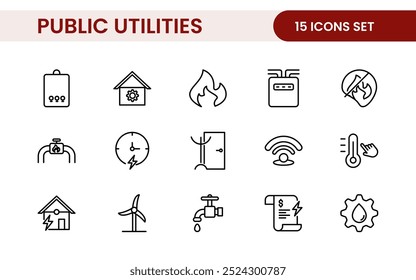 Coleção de ícones assinados lineares de serviços públicos. Coleção de ícones de linha fina assinados. Conjunto de ícones de estrutura de tópicos simples de serviços públicos.