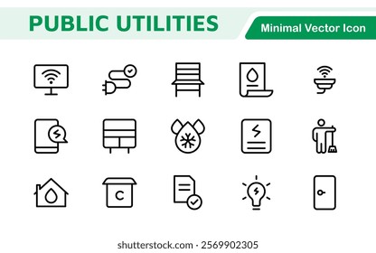  Public utilities linear signed icon collection. Signed thin line icons collection. Set of public utilities simple outline icons.