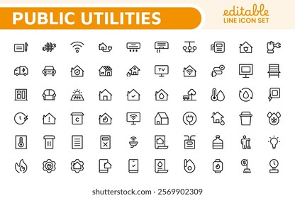  Public utilities linear signed icon collection. Signed thin line icons collection. Set of public utilities simple outline icons.