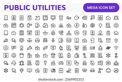  Public utilities linear signed icon collection. Signed thin line icons collection. Set of public utilities simple outline icons.