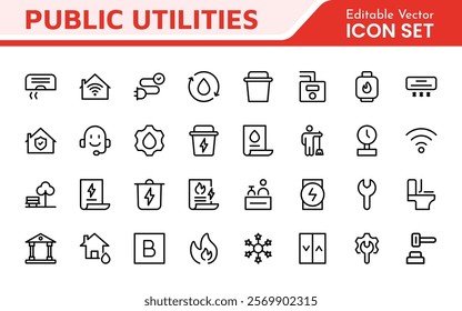  Public utilities linear signed icon collection. Signed thin line icons collection. Set of public utilities simple outline icons.