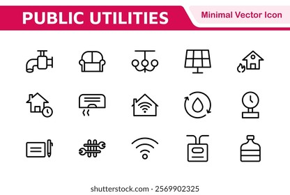  Public utilities linear signed icon collection. Signed thin line icons collection. Set of public utilities simple outline icons.