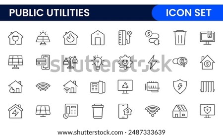 Public utilities linear signed icon collection. Signed thin line icons collection. Set of public utilities simple outline icons.