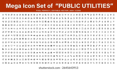 Public Utilities Mega Line Icon Pack - Ícones de linha finos mínimos para energia, abastecimento de água, saneamento, telecomunicações e sistemas de infraestrutura urbana