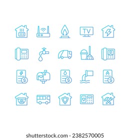 Juego de iconos vectoriales lineales de gradiente perfecto de píxeles de utilidades públicas. Suministro de agua, gas y electricidad. Calefacción de la casa. El símbolo de contorno delgado diseña el paquete. Colección de ilustraciones de esquema aisladas
