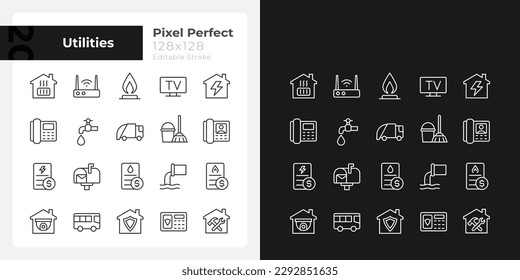 Public utilities pixel perfect linear icons set for dark, light mode. Water, gas and electricity supply. House heating. Thin line symbols for night, day theme. Isolated illustrations. Editable stroke