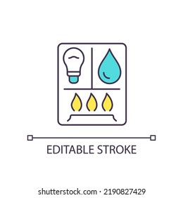 Public Utilities RGB Color Icon. Home Services. Electricity And Water Supply. Gas Source. Utility Bill. Isolated Vector Illustration. Simple Filled Line Drawing. Editable Stroke. Arial Font Used