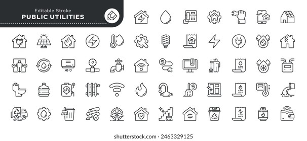 Public utilities, service. Set of line icons in linear style. Electricity, water supply, gas supply, drainage, garbage removal, major repairs, heating, cold, hot water. Outline conceptual pictogram