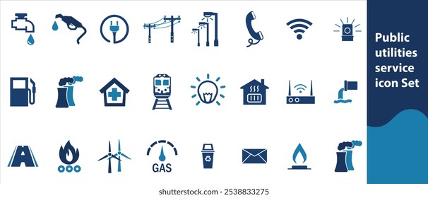 Public utilities, service. Set of line icons in linear style. Electricity, water supply, gas supply, drainage, garbage removal, major repairs, heating, cold, hot water. Outline conceptual pictogram